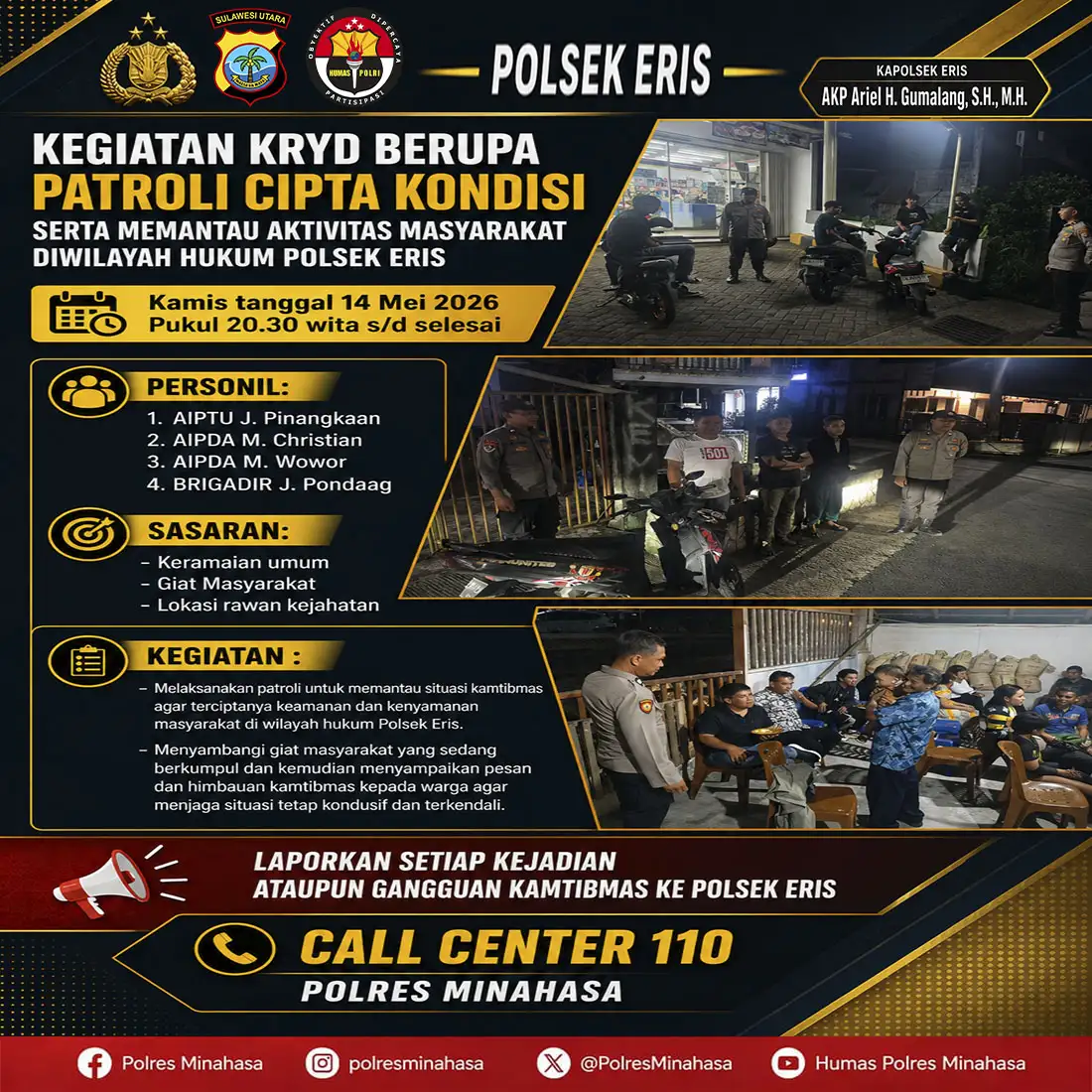 Polsek Eris Gelar KRYD dan Patroli Cipta Kondisi, Situasi Kamtibmas Tetap Aman dan Kondusif